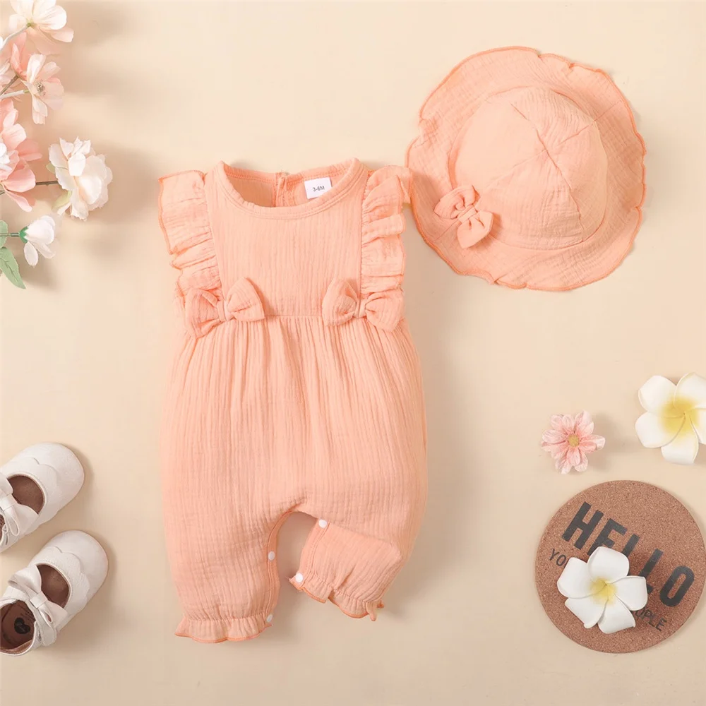 2PCS Newborn Baby Girl Bodysuuit Plain Sleeveless Romper+Hat Daily Summer Jumpsuuit Clothing for Infant Girl 0-18Months 1