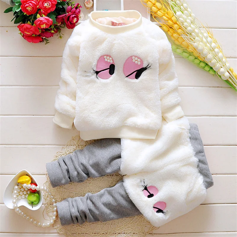 Baby girl clothes 0-3Y autumn winter girls plus velvet thick warm suit cartoon cute furry clothes baby girl two-piece suit baby's complete set of clothing