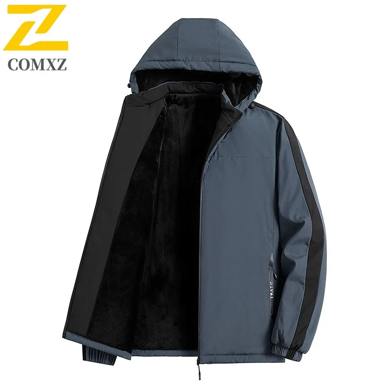 Men Colorblock Jacket Fleece Lined Winter Windproof Coat Thickened Cotton Padded Parka Cold Weather Outdoor Workwear Streetwear