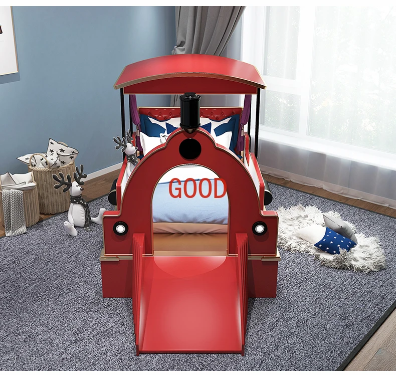 luxury children bedroom furniture sets double bed simulation car modeling and slide design solid wood kids bed blue for boy