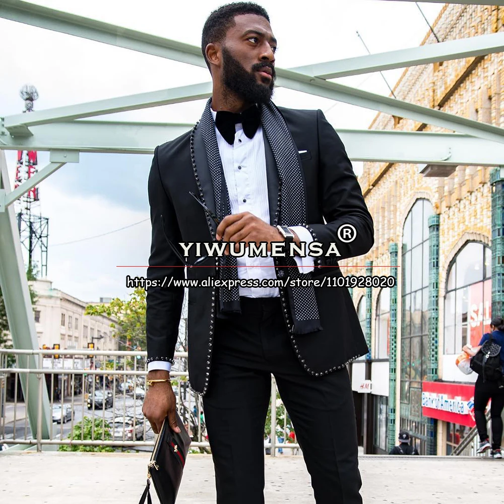 

Classic Black Suit Men Beaded Laple Blazer Pants 2 Pieces Formal Wedding Tuxedo Male Fashion Business Office Prom Party Clothing