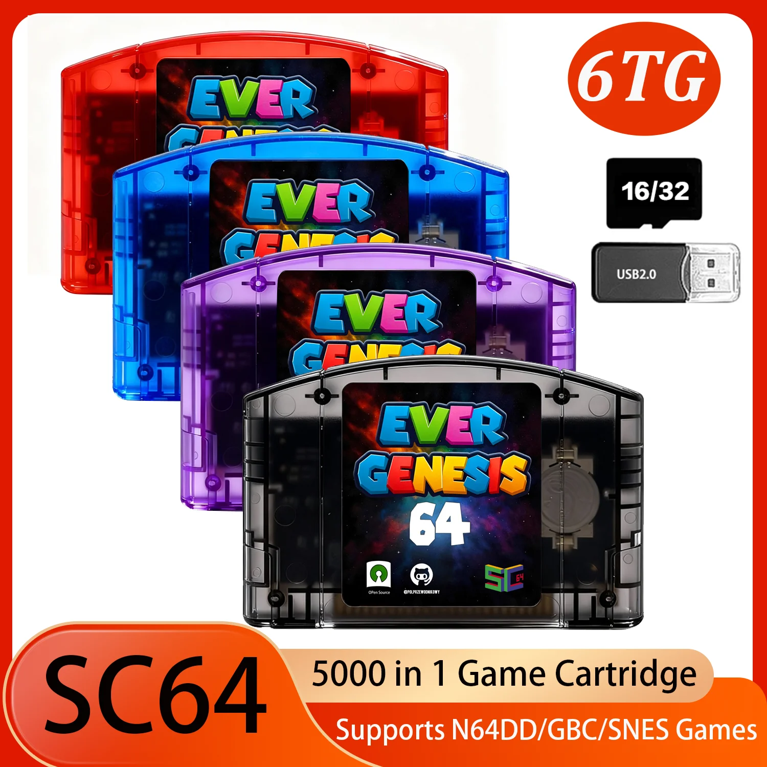 خرطوشة ألعاب SC64 5000 في 1 N64 بطاقة فلاش مفتوحة المصدر 16 جيجابايت/32 جيجابايت بطاقة TF مجانية لنينتندو 64 تدعم ألعاب N64DD/SNES/GBC