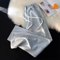 Spring Autumn Loose-fit Slimming Straight-leg Jeans Women's Elastic Waist Casual Petite Pants Elastic Waist Blue