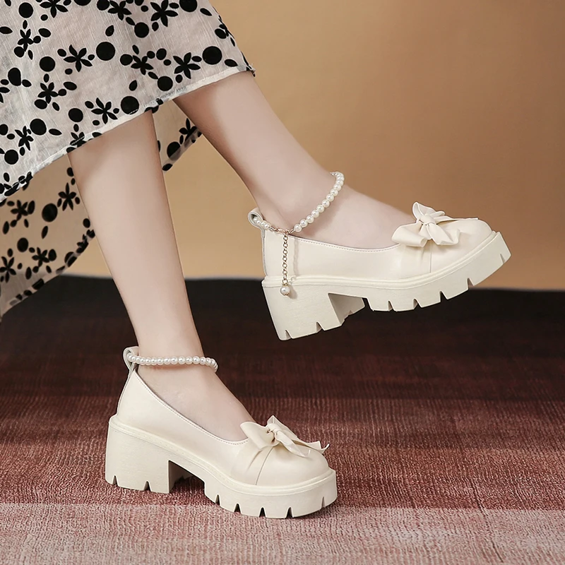 New Sexy Fashionable Elegant Shallow Mouth Round Toe Square Heel Thick Sole Casual Solid Color Bow Women's Shoes 3