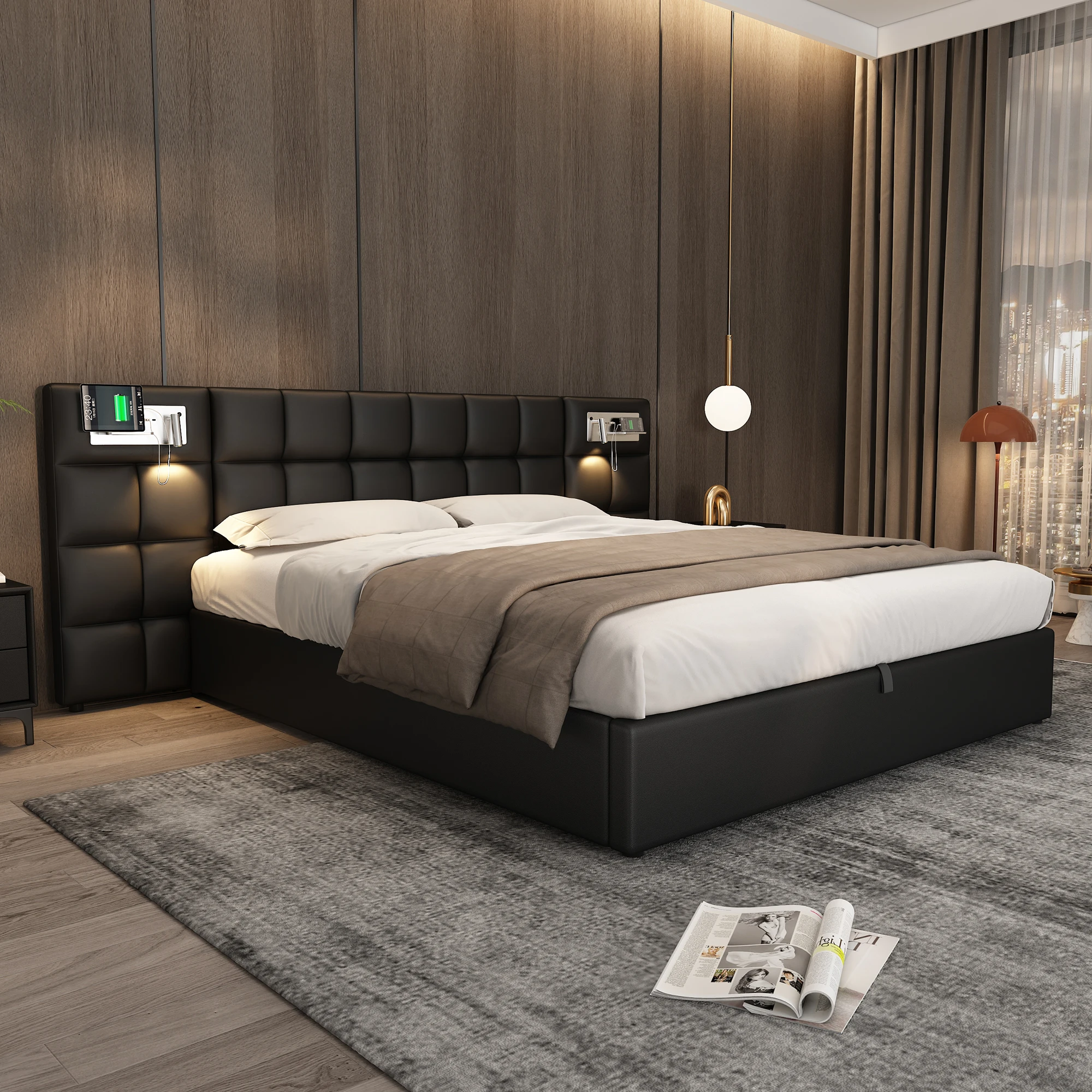 Gestoffeerd tweepersoonsbed (180 x 200) met hoofdeinde, leeslampje en USB Type-C-oplader, massief houten en