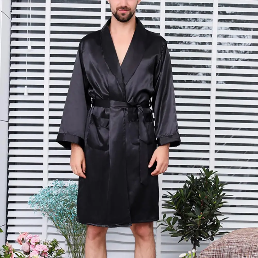 men sleepwear summer imitation silk pajama set shirt pants home gown sleepwear nightwear Men Summer Imitation Silk With Pockets Waist Belt Bath Robe Home Gown Sleepwear