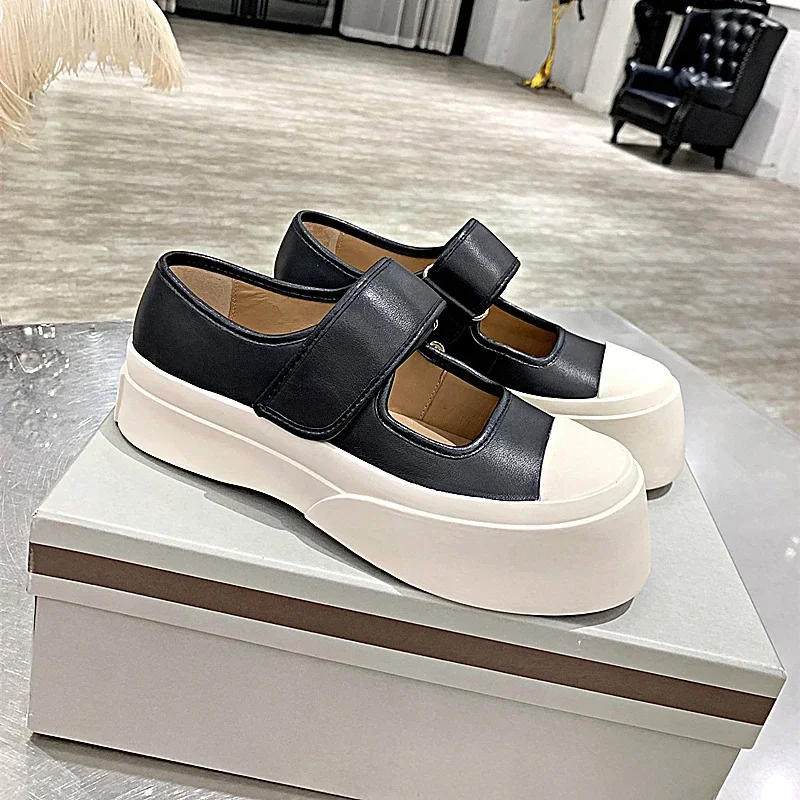 

Platform cowhide women shoes canvas buckle thick soled Mary Jane shoes lined with sheepskin Spring Autumn Pumps big head