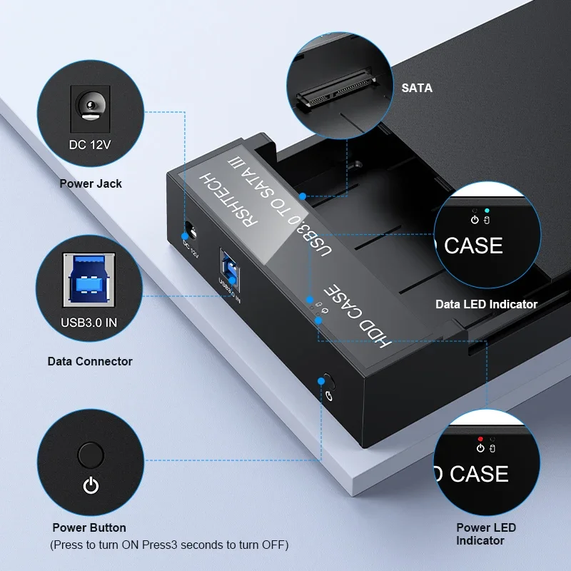 RSHTECH Hard Drive Enclosure USB 3.0 to SATA External Hard Drive Docking Station for 2.5/3.5" SATA I/II/III HDD SSD Up to 20TB