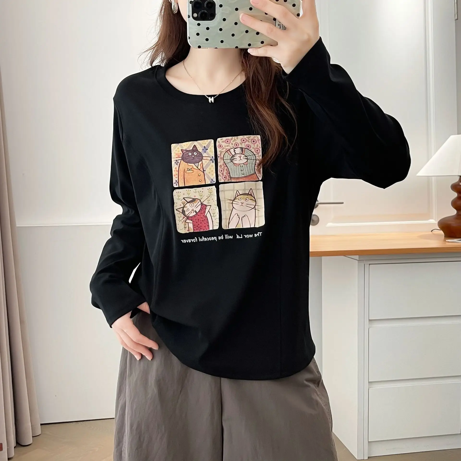 XXXXL Fashion Plus Size Women's T-Shirt New Autumn Style Youthful Printed Cartoon Long Sleeved Casual Top 8219