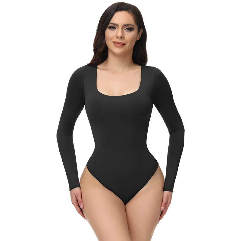 

Women's Seamless Sexy Bodysuits Jumpsuit Scoop Neck Long Sleeve Shirt Leotard Stretchy Thong Waist Trainer Slim Body Shapewear