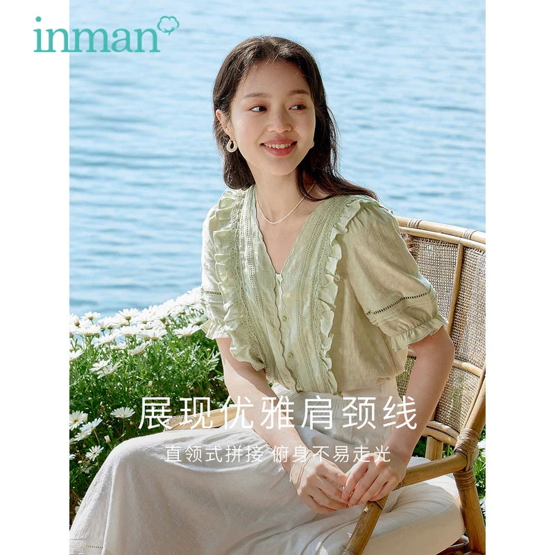 INMAN Women Blouse 2023 Summer Bishop Sleeve Lace V Neck Slim Shirts French Flounce Jacquard Texture White Green Elegant Tops