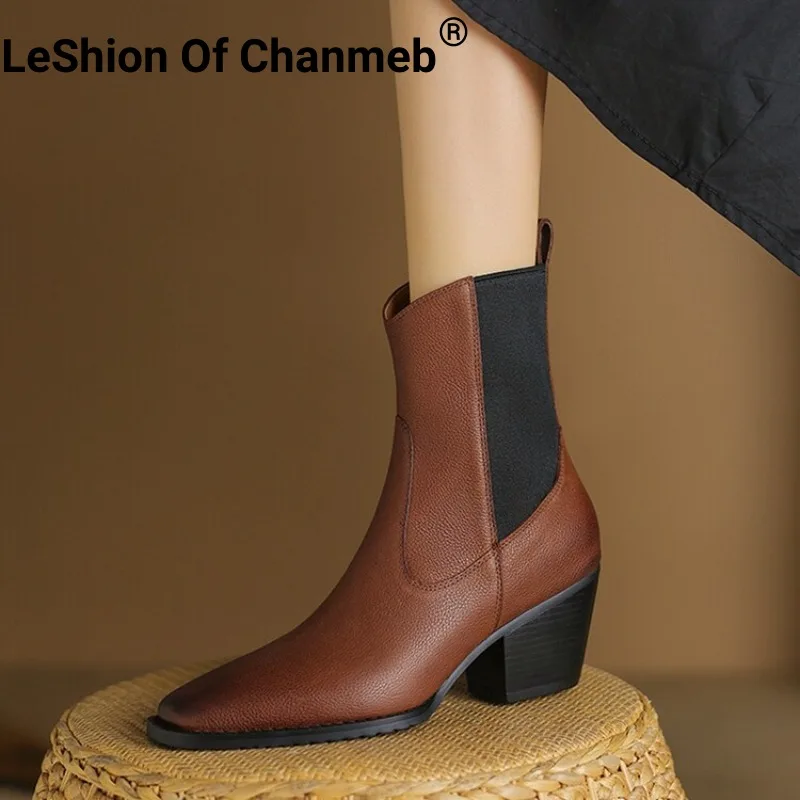 

LeShion Of Chanmeb Real Genuine Leather Boots Women High Quality Square Toe Classic Chelsea Boots Woman Block Heels Winter Shoes