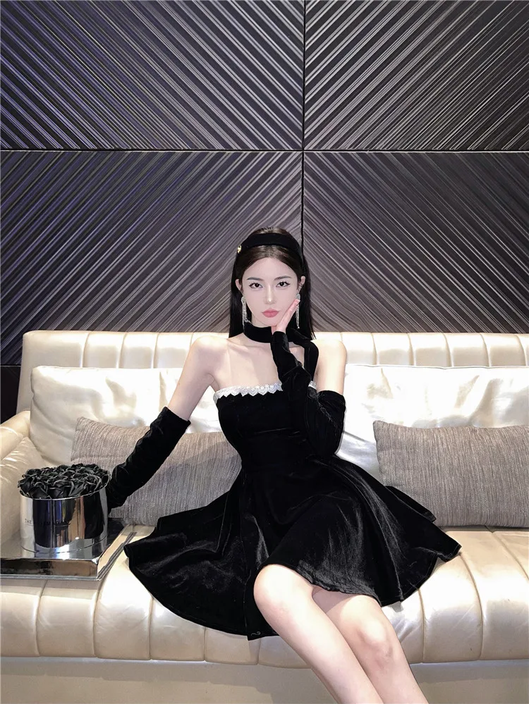 French Vintage Strapless Mini Dresses Women Lace Patchwork A-line Evening Party Dress Korean Fashion Y2K Mini Vestidos Mujer