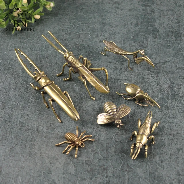 Antik Bronz 6 Stílusú Bogarak Miniatűr Figurák Asztali Dekorációk Tiszta Sárgaréz Rovar Tea Háziállatok