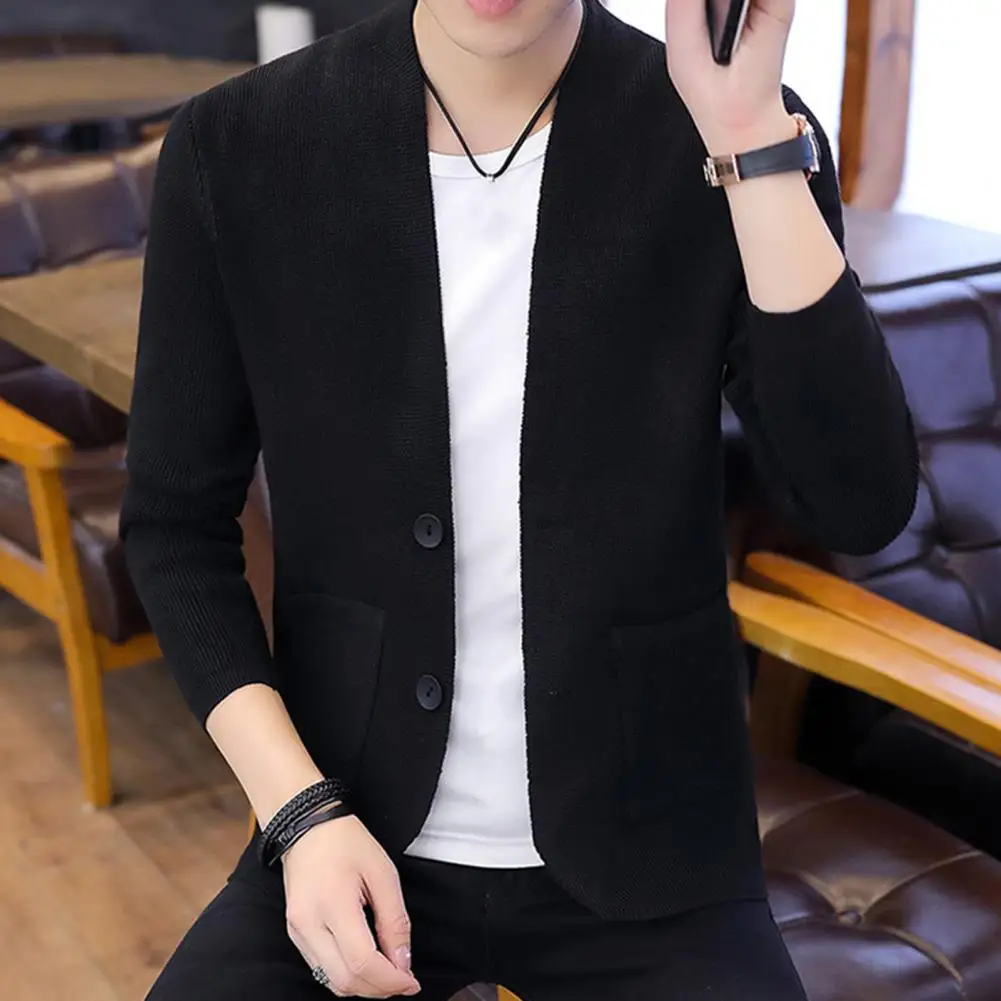 Men Knitted Sweater Men Sweater Men's Single-breasted Knitwear Coat Slim Fit Solid Color Cardigan with Pockets Soft for Fall