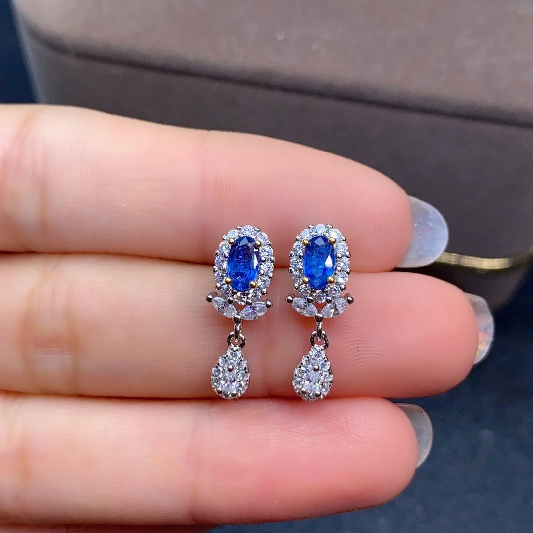 

925 Silver Sterling Real Natural Sapphire Stud Earrings Fine Jewelry Party Trendy New Party 3*5mm Luxury Jewelry Designers