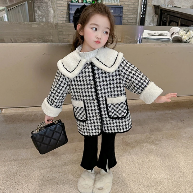 Girls Woolen Coat Jacket Windbreak 2023 Houndstooth Warm Thicken Winter Cotton Overcoat Plus Size Children's Clothing