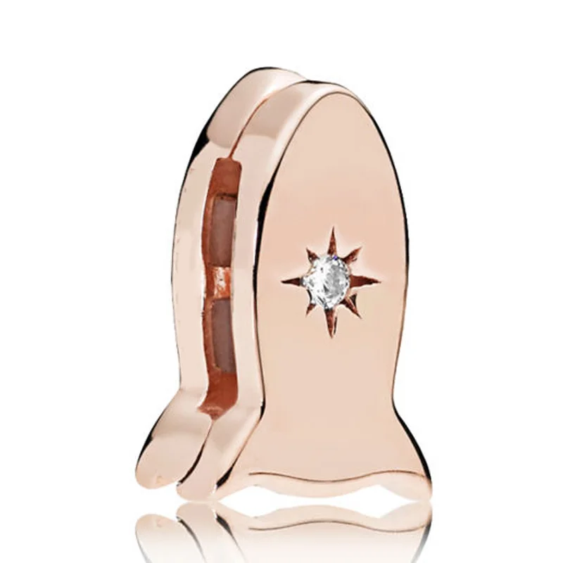 Genuino 925 Sterling Silver Bead Charm Rose Gold Reflexions Space Ship Clip Stopper Beads Fit Pandora Bracciale Gioielli Fai Da Te