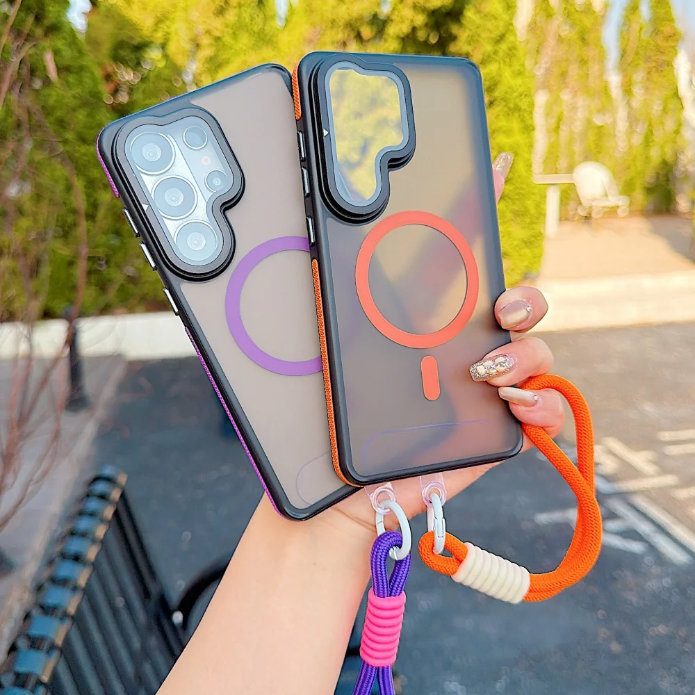 Matte Magnetic Wireless Charging Case with Foldable Lens Stand and Wrist Strap Lanyard