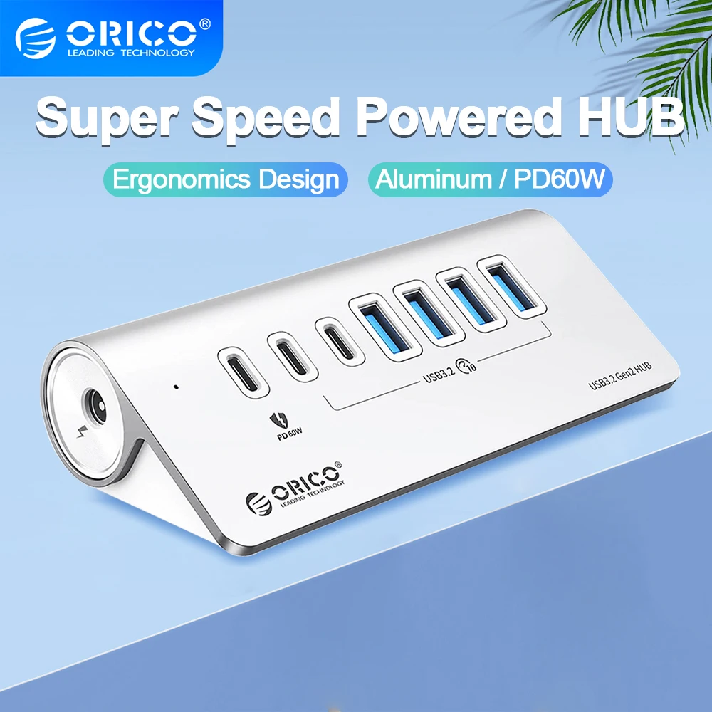 Orico Alumínio 10gbps Usb 3.2 Hub Supervelocidade Powered Pd60w Carregador tipo c Divisor com Adaptador de Energia para Macbook pc Acessórios