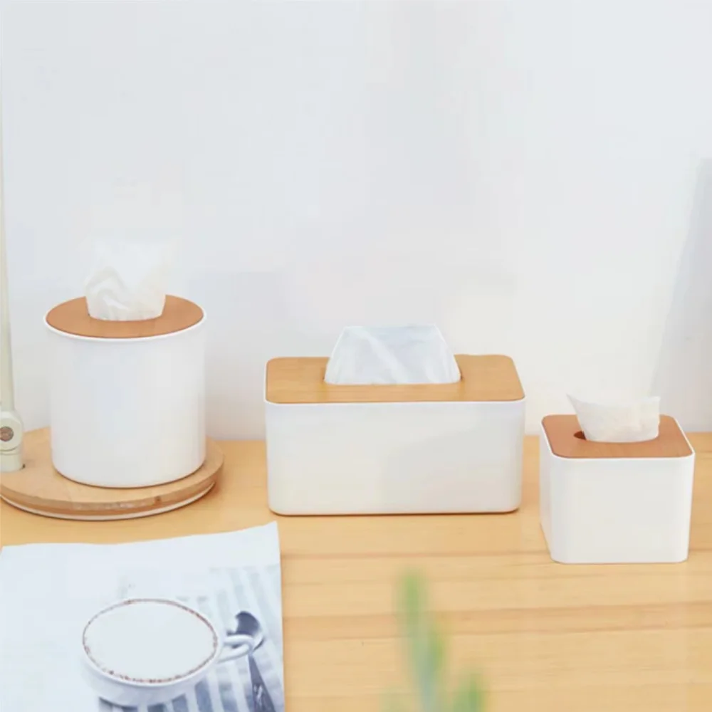 Plastic Tissue Box Wooden Lid Square Napkin Holder Container Wet Tissue Paper Dispenser Case Modern Home Car Organizer 5