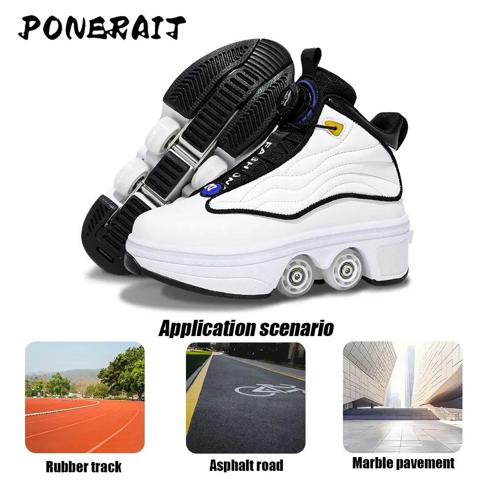 Unisex Automatic Retractable 4-Wheel Roller Skates Women's High Sneakers with Wheels Girls' Dual-Purpose Skating Sports Shoes