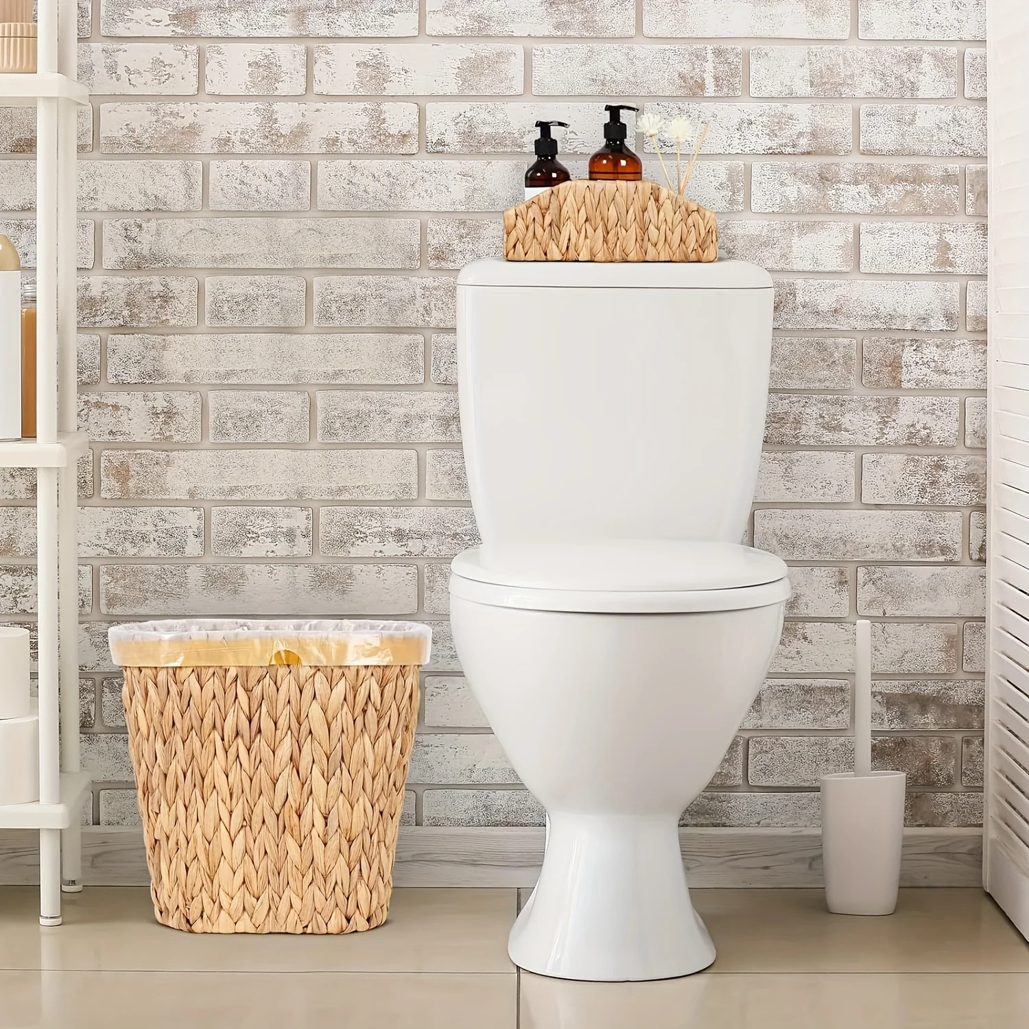

2pcs/set Wicker Woven Waste Basket, Handwoven Water Hyacinth Trash Can With Built-in Handle, Stylish Practical Wicker Garbage Ca