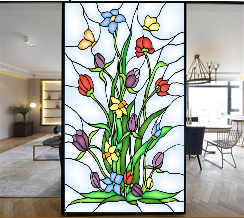 

Privacy Windows Film Orchid Grass Stained Glass Window Stickers No Glue Static Cling Decorative Frosted Window Films