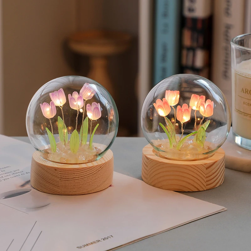 

DIY Tulip Flower Night Light With Glass Cover Bedside Light LED Night Lamp Table Lamp USB Mood Light Xmas Valentine's Day Gifts