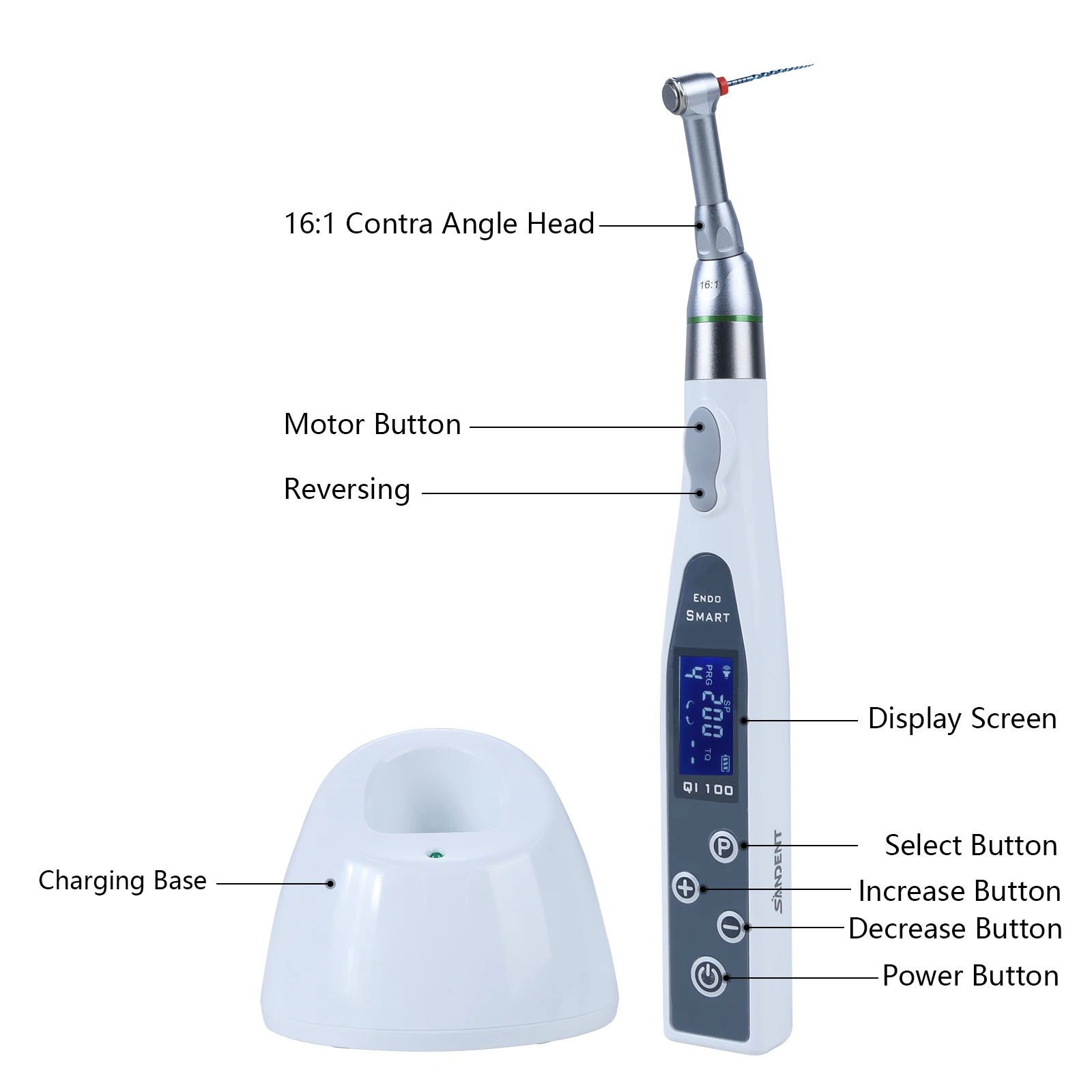 SANDENT Wireless Dental Endodontic Cordless LED Endo Motor 16:1 Contra Angle Handpiece with 9 Program Modes & Reciprocating