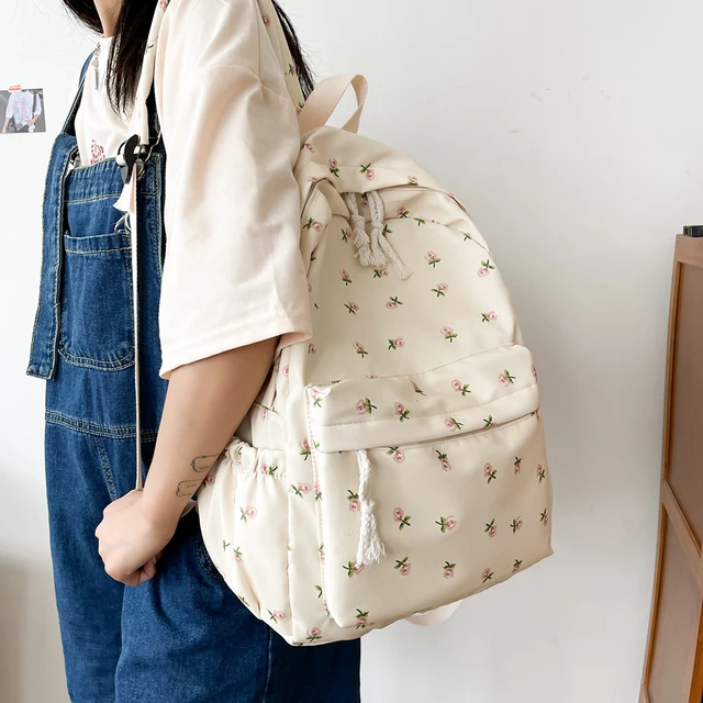 HZEWLS Retro Fashion Flower Backpacks Nylon Female Girl Small School Bags  Rucksack (Pink) 