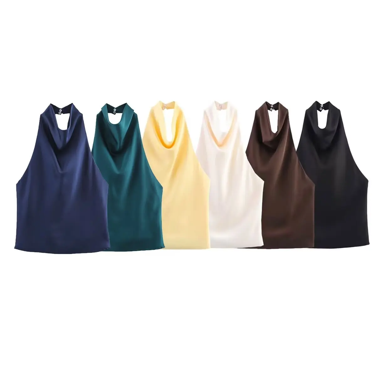 Women Satin Halter Tops Spring Summer Female Backless Hanging Neck Collar Top Vest Coffee Black Lady Elegant Sexy Party Top