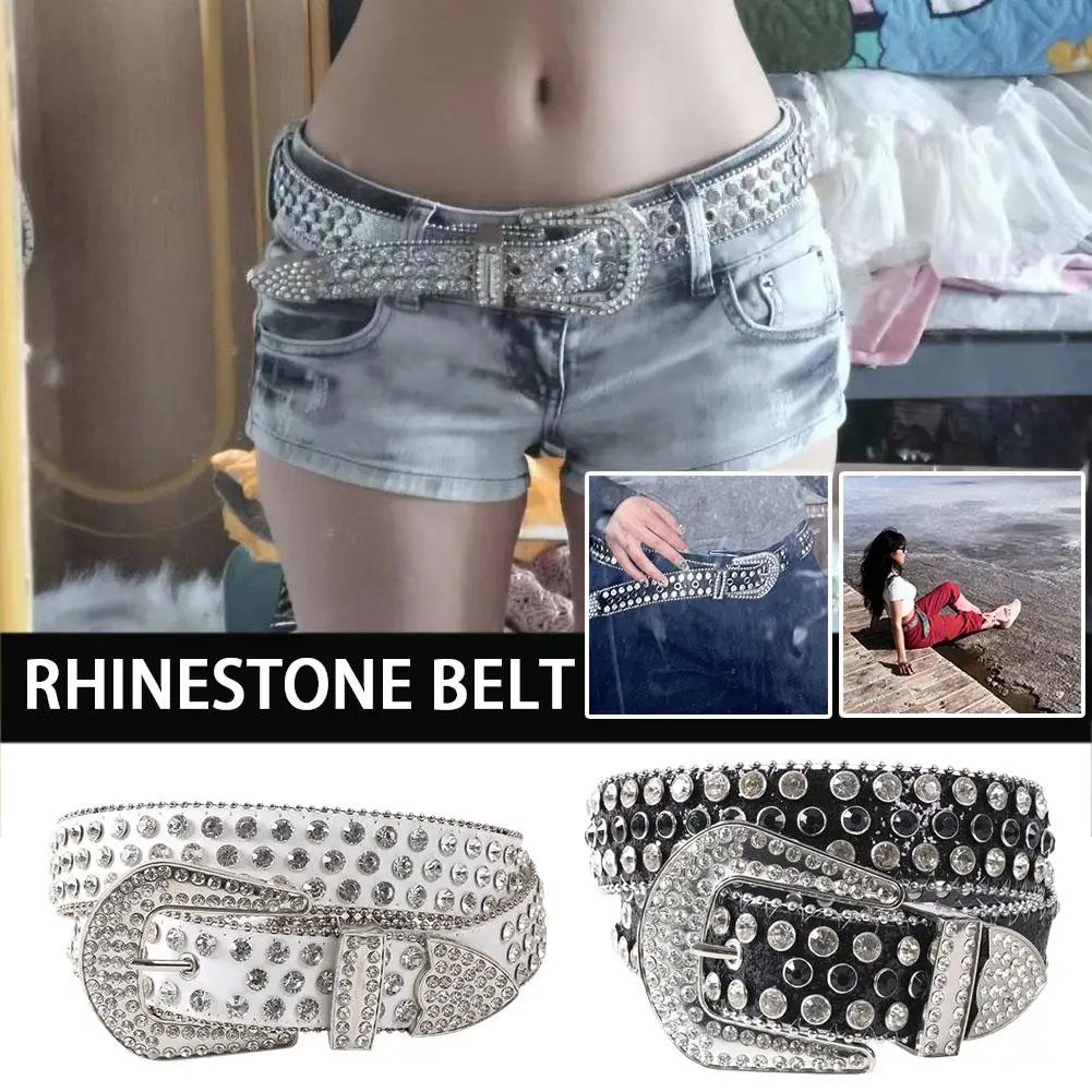 

Women's Jeans Rhinestone Large Size Belt Men's Belt Punk Leather HipHop Fashion Shiny Y2K Design Rivet Rock Style Denim Bel E5V6