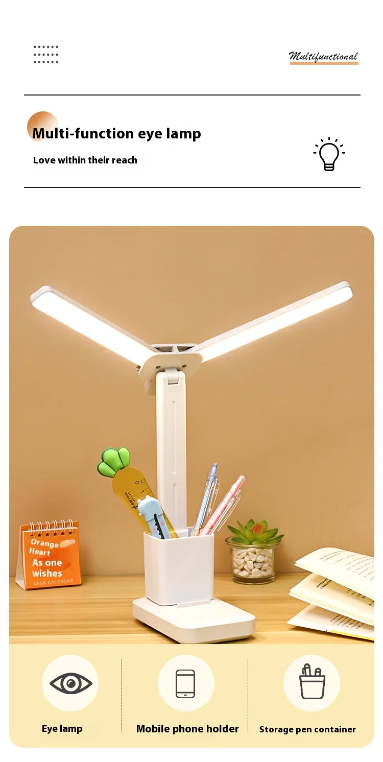 LED double-head desk lamp, 3-level dimmable touch night light, USB rechargeable, eye-protection, foldable bedside reading desk