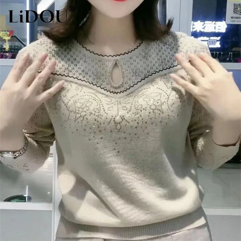 

Autumn Winter New Diamonds Hollow Out Sweaters Ladies Loose Casual Knitting Pullover Top Women Oversized Jumpers Female Clothes