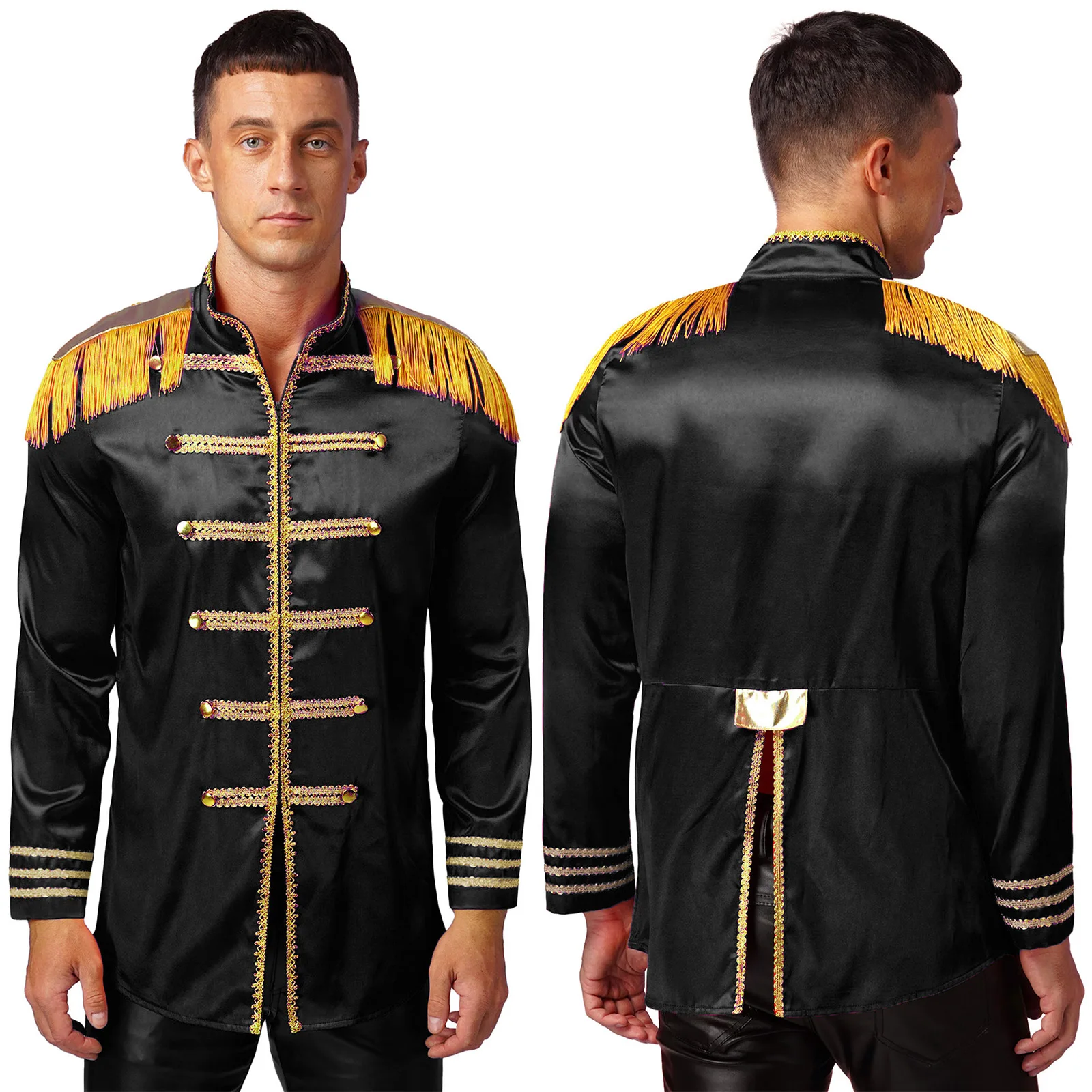 thumbnail image 1 of Chaquetas hippie navideñas de satén para hombre, disfraces de circo, Cosplay, banda de marcha Medieval Hippy, sargento SGT de los años 60, ropa de abrigo larga, 1 of 5