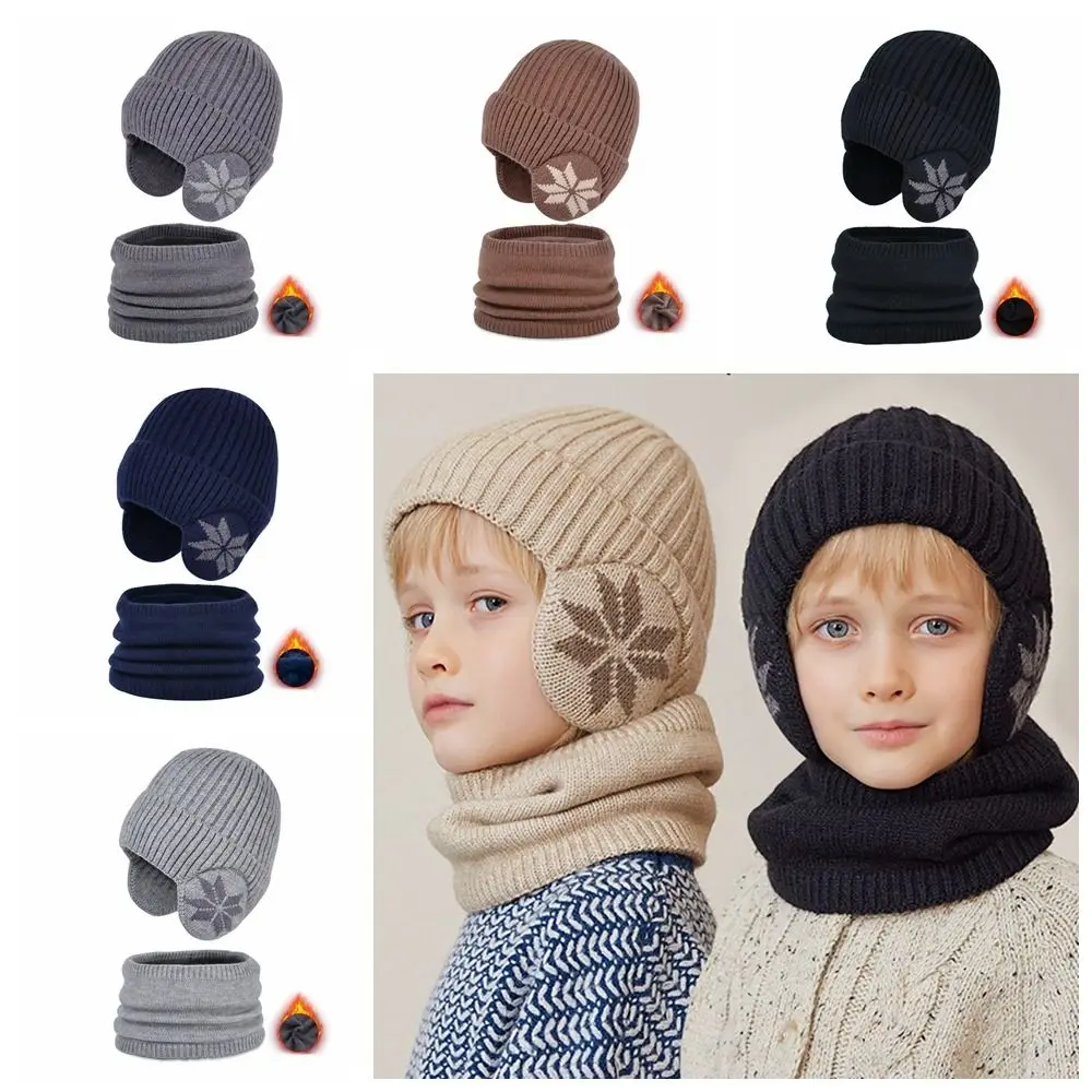 

Coldproof Ear Protection Wool Caps Muffler Earflap Scarf Hat Set Thickened Solid Color Children Knitted Benines Streetwear