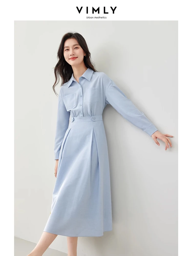 Vimly Blue Shirt Dress for Women Spring 2024 French Style Elegant Fashion Drop Sleeve A-line Midi Dresses Womans Clothing M6112