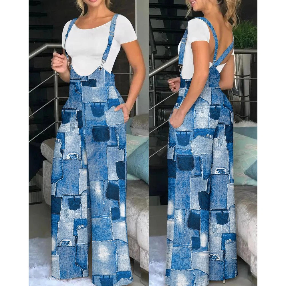 2023 Women Denim Look Print Wide Leg Pocket Design Suspender Jumpsuit Summer Casual Lady Wide Leg Spaghetti Strap Jumpsuit y2k