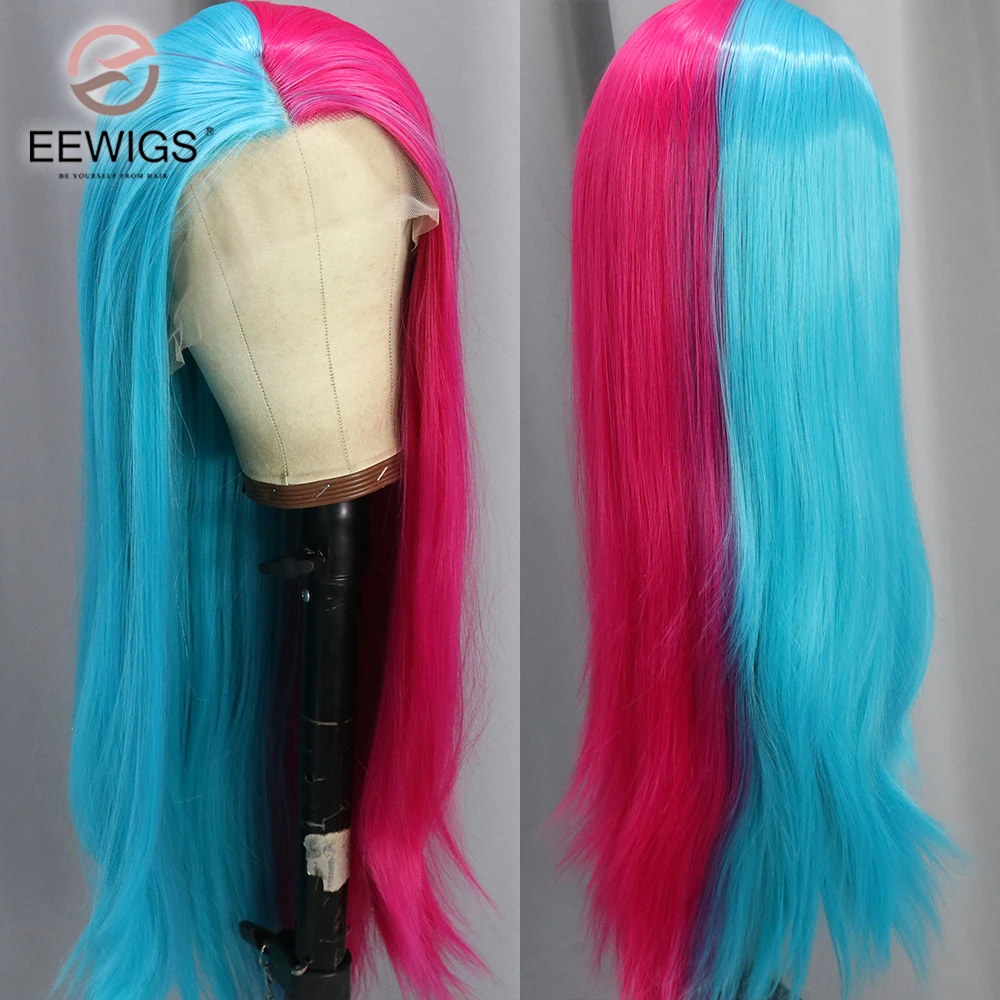 

Blue Half Pink Synthetic Lace Front Wig 13X4 Smooth Long Straight Wig Pre Plucked Baby Hair For Women Cosplay Drag Queen
