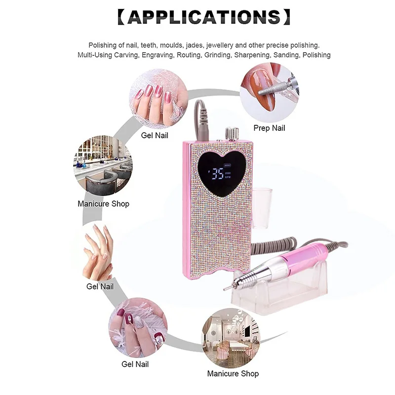 Torno Electrico para Unas Electric Nail Drill with Rhinestone unas recargable de 35000 RPM Heart Shape Wireless Pedicure Grinder 4
