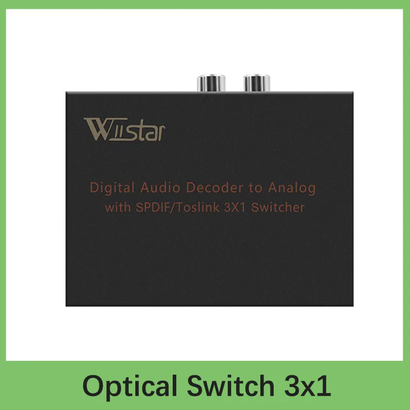 

Wiistar Optical/Toslink Switcher 3x1 to L/R RCA 3.5mm Stereo Audio Digital to Analog Decoder with Optical Output Switch