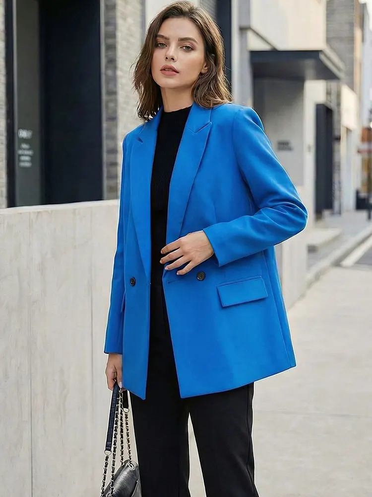 HH Women Chic Solid Blazer Coat Long Sleeve Double Breasted Jacket Spring Female Casual Commuting Fashion Streetwear Blazers