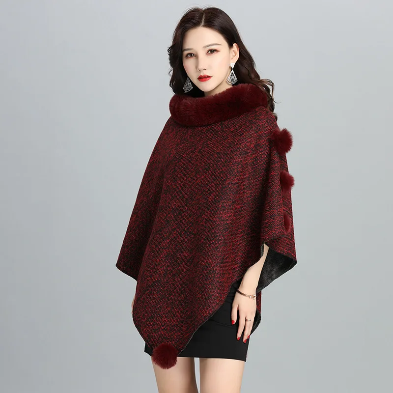

2022 New Imitation Fur European American Coat Women's Shawl Scarf Imitation Rex Rabbit Hair Cape Lady Cloak Poncho Red