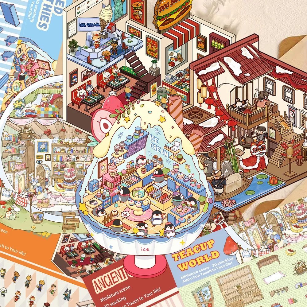 4 Sets 3D Miniature Stickers - Museum, Burger Shop, Magic Tree House & Restaurant Themes