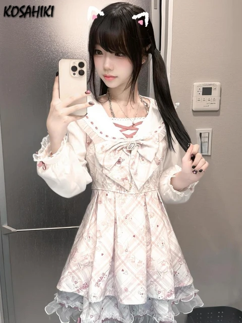 Japanese Sweet Printing Bow Vestidos Fake Two Pieces Lace Patchwork Fairy Dress 2025 Spring Kawaii Grunge Women Vintage Dresses 1