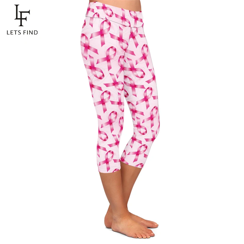 LETSFIND High Quaility Soft Milk Silk Pink Ribbon Print Women Fitness Capri Leggings High Waist  Stretch Leggings