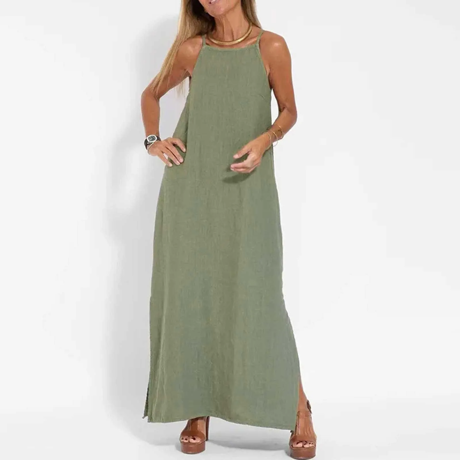 

Женское Простое Повседневное однотонное платье макси на бретельках с вырезом лодочкой длинные платья с разрезом на подоле элегантное свободное Дамское Платье Халат