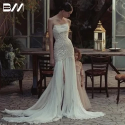 Sexy Tulle Lace Sheath Wedding Dress Strapless Bride Dresses Custom Made Sexy Slit Vestidos De Novia Robe De Mariée