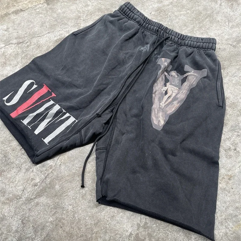 

24ss Saint Michael Casual Mens Shorts 1:1 Best Quality Washed Black Printing Women Oversized Shorts